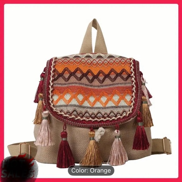 Handbags - Bohemian Tassel Canvas Backpack - Orange and Tan